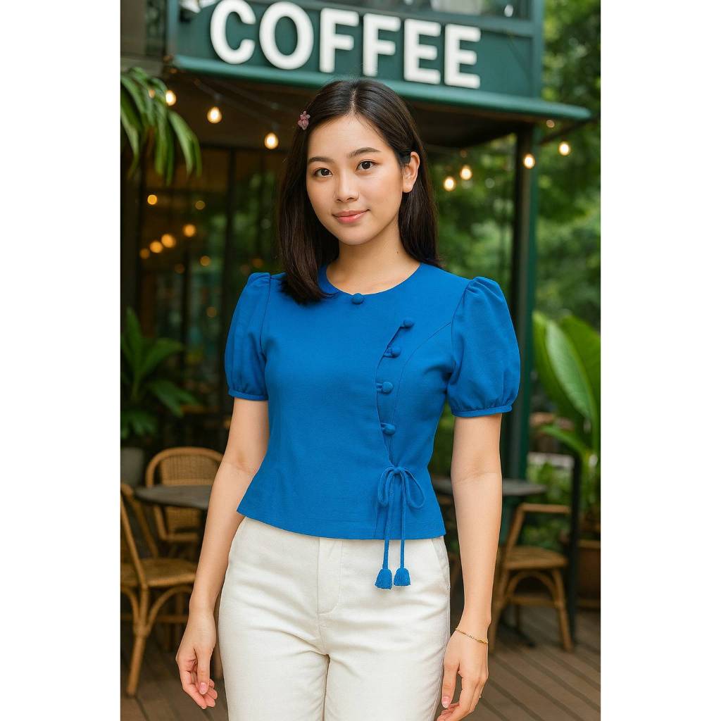 เสื้อใยกัญชงคอกลมกระดุมป้ายผูกเชือก แขนตุ๊กตา