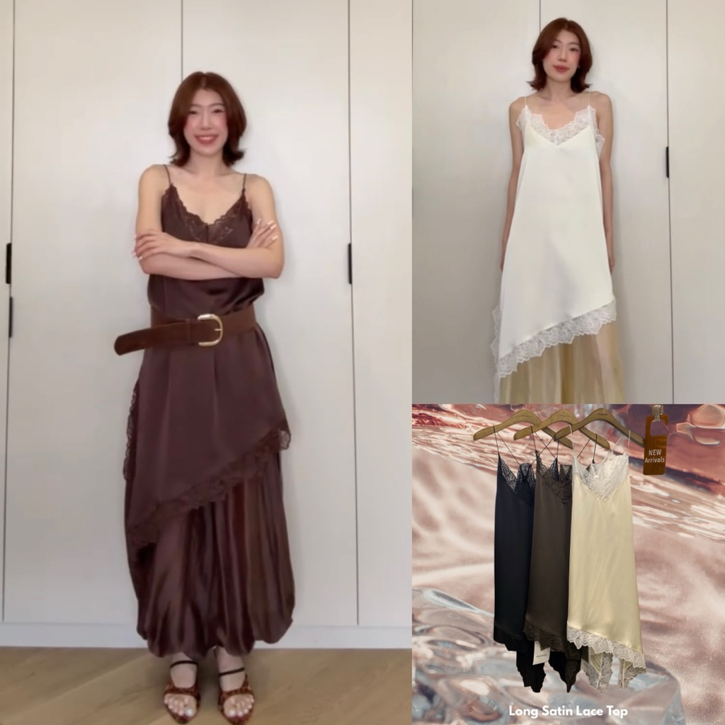 ส่งด่วน 🛵 #9966 STUDIOX2 LONG SATIN LACE DRESS TOP เสื้อสายเดี่ยวซาติน แต่งขอบลูกไม้ทั้งตัว ชายเฉียง