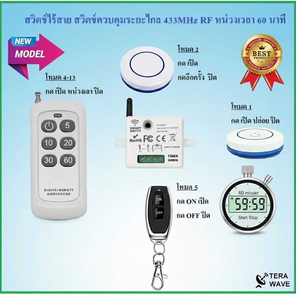 สวิตช์ไร้สาย สวิตช์ควบคุมระยะไกล 433MHz RF remote สวิตช์ปุ่มกด รีเลย์โมดูล หน่วงเวลา 60 นาที TIMER