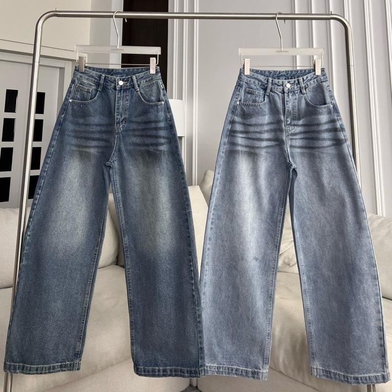 PTJ30288 Marina Dirty Barrel กางเกงยีนส์ขายาวทรงบาเรลกระบอกใหญ่แต่งสีปักโลโก้ PROMTHONG