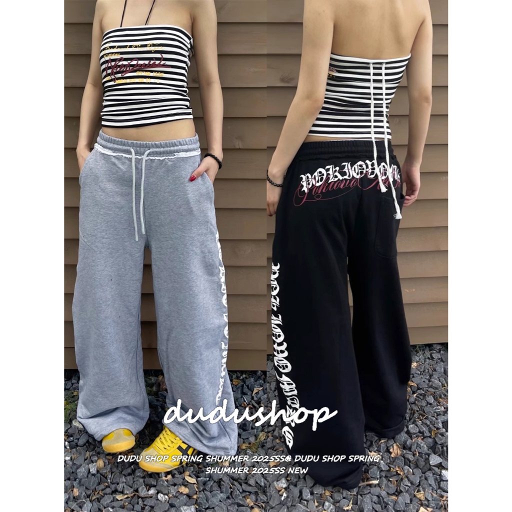 [Trendy hip-hop prints, jazz-style wide-leg pants]กางเกงขากว้างพิมพ์ลายตัวอักษร กางเกงลำลองสไตล์ย้อนยุคสำหรับผู้หญิง