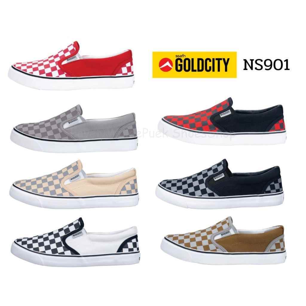 รองเท้าผ้าใบแบบสวมสลิปออนลายหมากรุก ยี่ห้อ GoldCity มี 7 สี_พร้อมส่ง!!