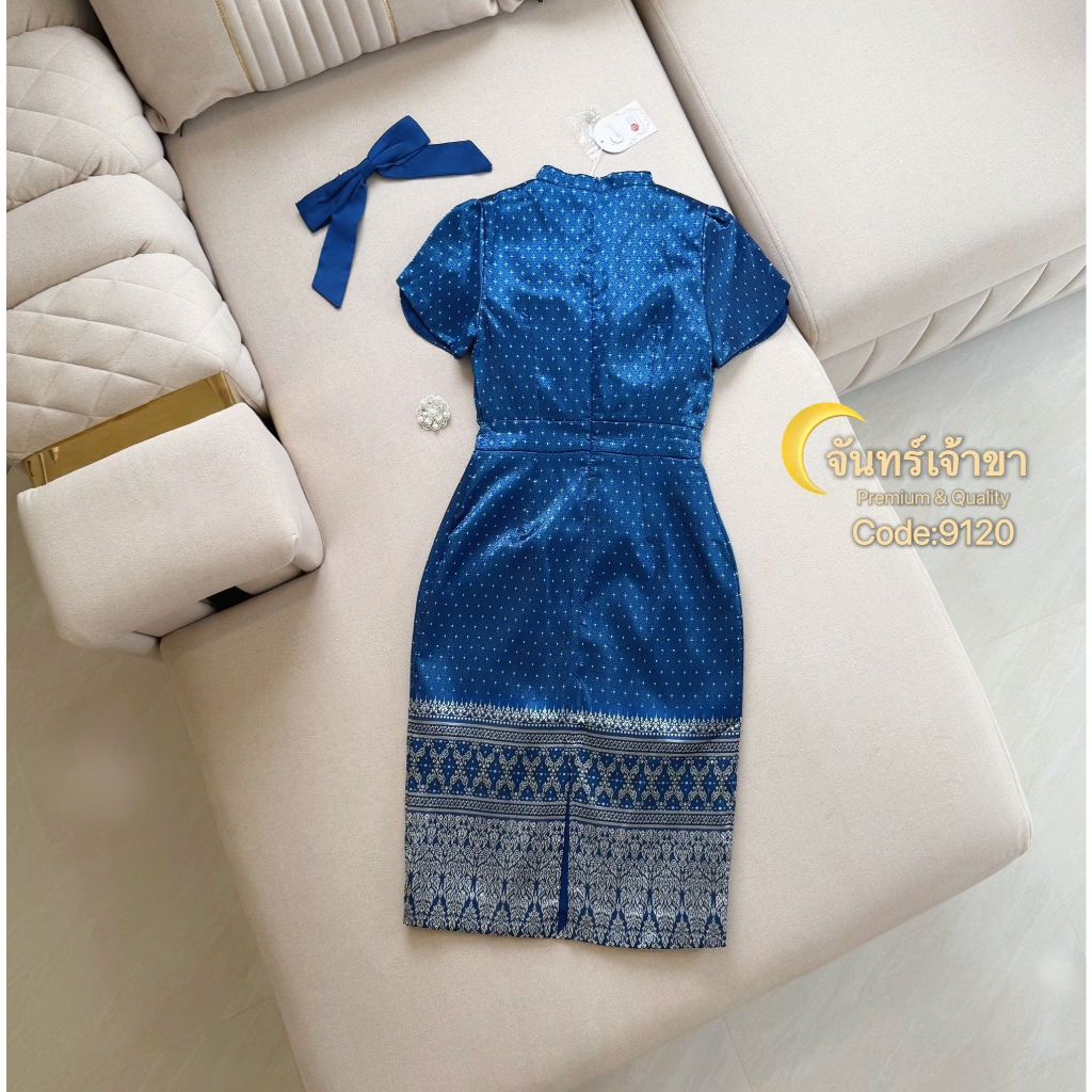 จันทร์เจ้าขา Code:9120 เดรสผ้าไทยมีซิบด้านหลัง สีกรม รูปที่ 3
