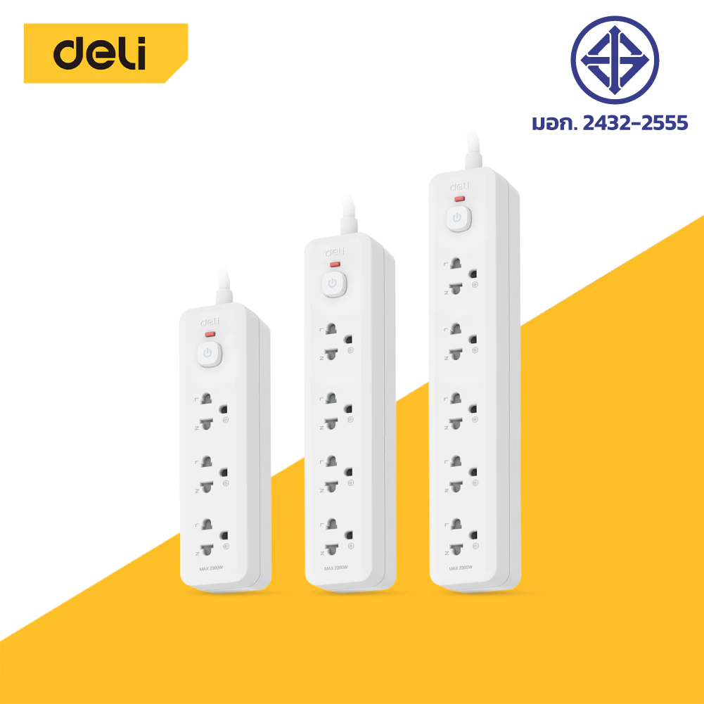 Deli ปลั๊กไฟ ปลั๊กพวง 3ตา วัสดุทนไฟ750 ํC กำลังไฟสูงสุด 2300W สายไฟยาว 3 5เมตร มาตรฐาน มอก รับประกัน 3ปี Power Socket