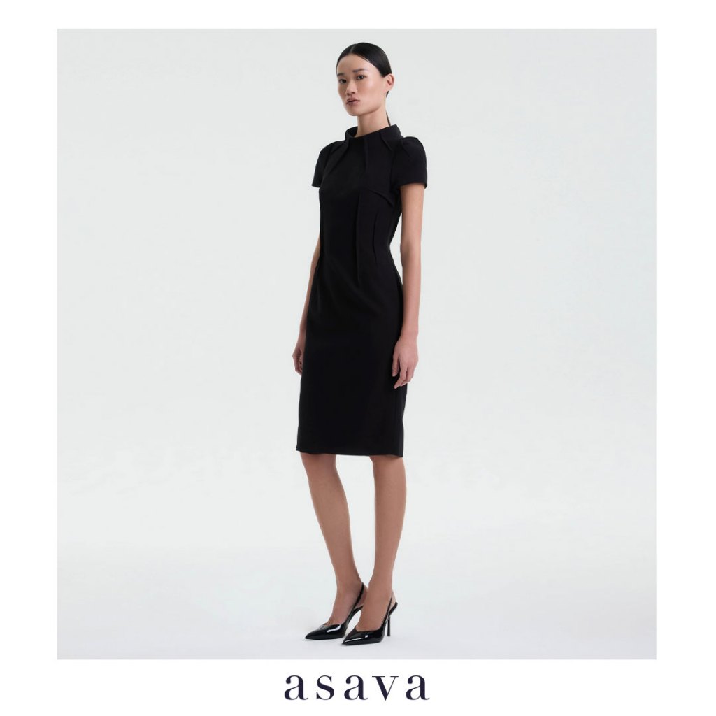 [asava aw25] Cecelia Sculpted Seam Dress เดรสผู้หญิง แต่งดีเทลตะเข็บนูน คอปีน แขนพองสั้น ซิปและตะขอหลัง ผ่าหลัง