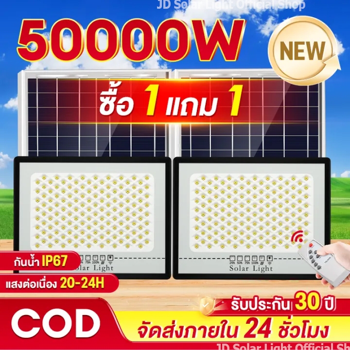 ไฟโซล่าเซลล์ 50000W โซล่าเซลล์ ไฟสว่างมาก ไฟโซล่าเซล กันน้ำ สว่างอัตโนมัติเมื่อฟ้ามืด🔥ซื้อ 1 ได้ 2🔥