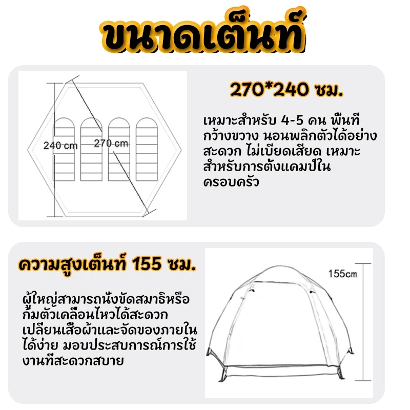 เต็นท์สนาม กางอัตโนมัติ 3-4 คน 2 ชั้น 6 เหลี่ยม กันฝน กันยูวี thumbnail 5