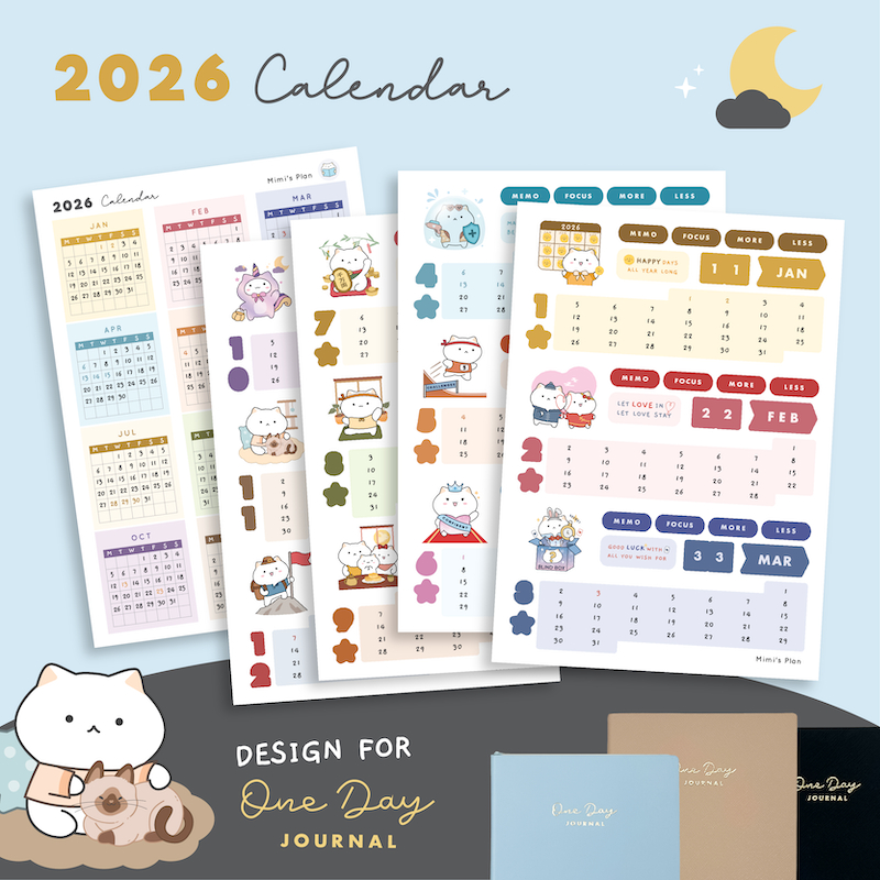 สติกเกอร์ 2026 One Day Calendar Sticker ☀️ ปฏิทิน 2568 Monthly Yearly Planner Journal mimisplan