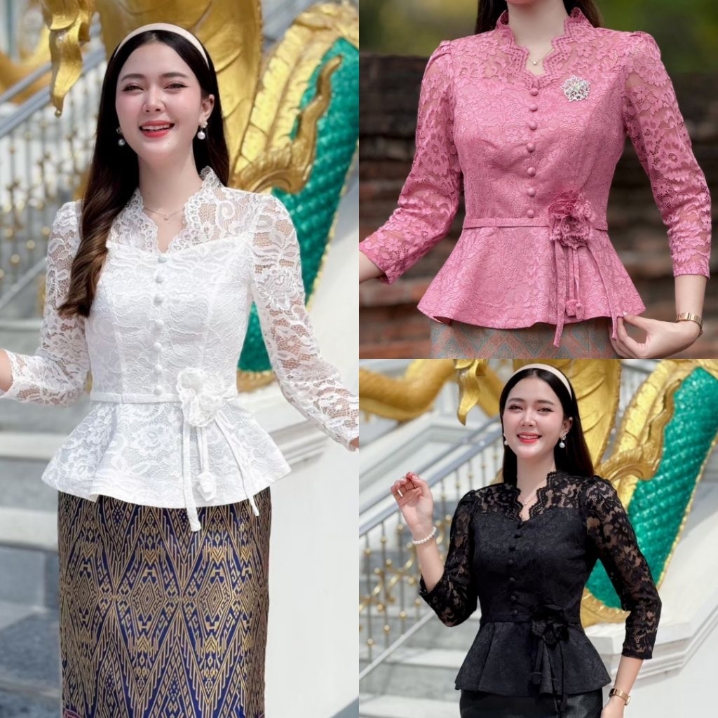 HM - HE 💓💓เสื้อลูกไม้ใส่ไปทำบุญ  เสื้อลูกไม้ฝรั่งเศสอัดกาว คอระบาย กระดุมหน้า อัดกาวทั้งตัว แขนยาว มีสีขาวสีชมพูกะปิสีดำ