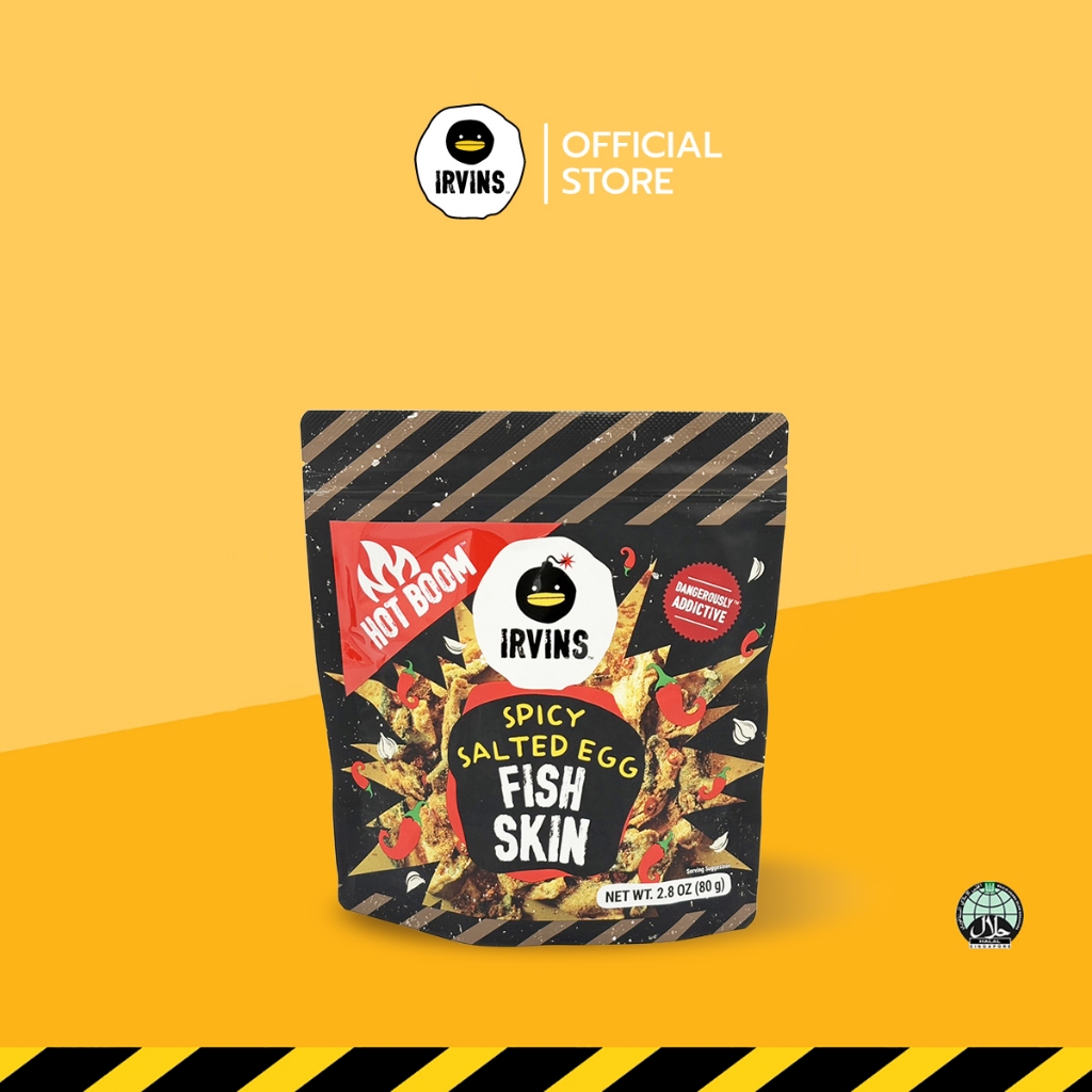 IRVINS หนังปลาทอดกรอบเคลือบไข่เค็มรสเผ็ด (Hot Boom Salted Egg Fish Skin) ขนาด 80g