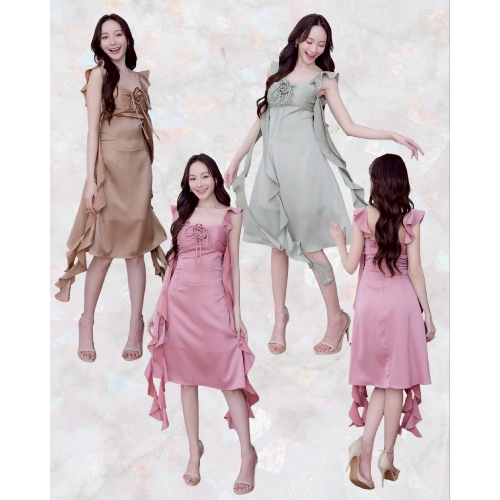ชุดออกงาน ชุดเพื่อนเจ้าสาว koolykool เกาะอก4สายมีฟองน้ำสายระบายกระโปรงบานสั้นแถมเข็มกลัดดอกไม้ CM00