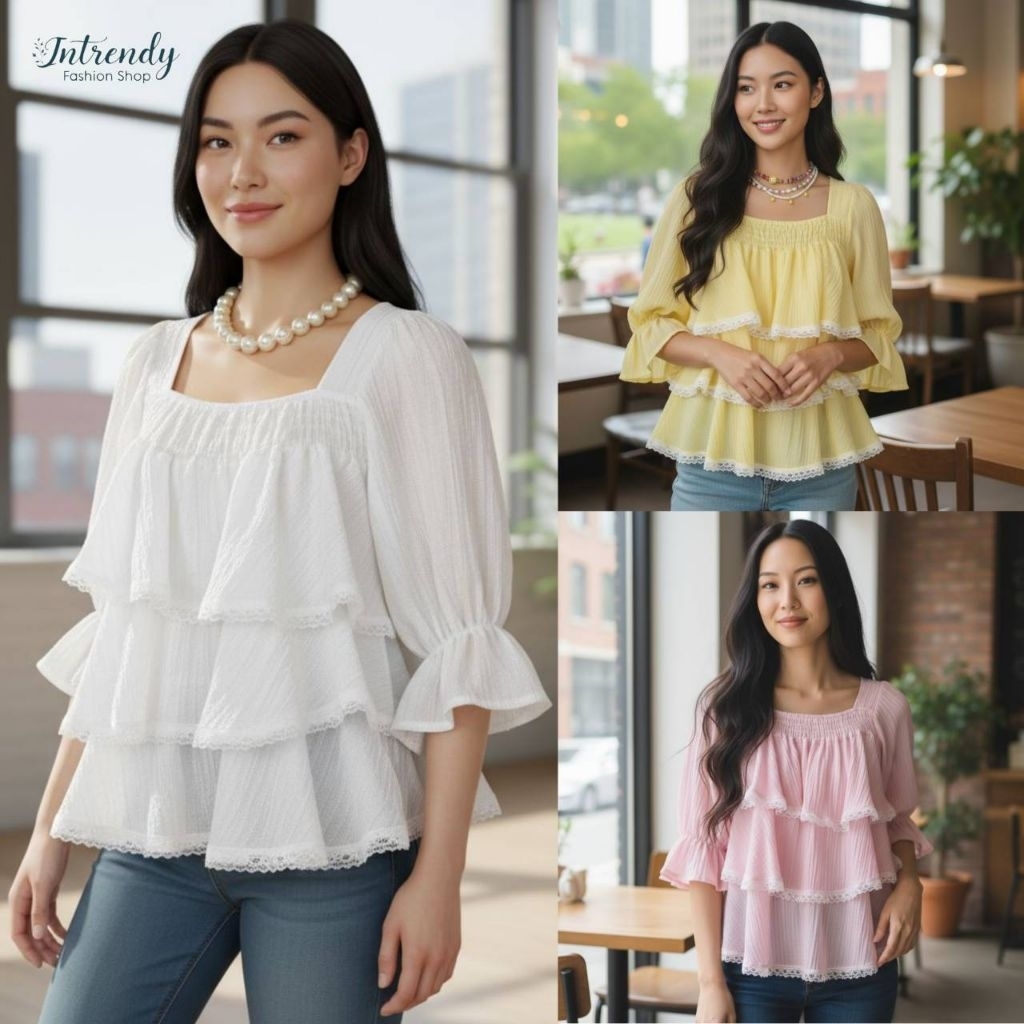 ใหม่.เสื้อแขน3 ส่วน แต่งชายระบาย3 ชั้น อก 32 - 44 นิ้ว ใส่สวย เป็นผ้าสลาฟ.