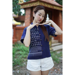 เสื้อลายขอทูโทนแต่งครึ่ง 5กระดุม (มีทั้งหมด 13สี)
