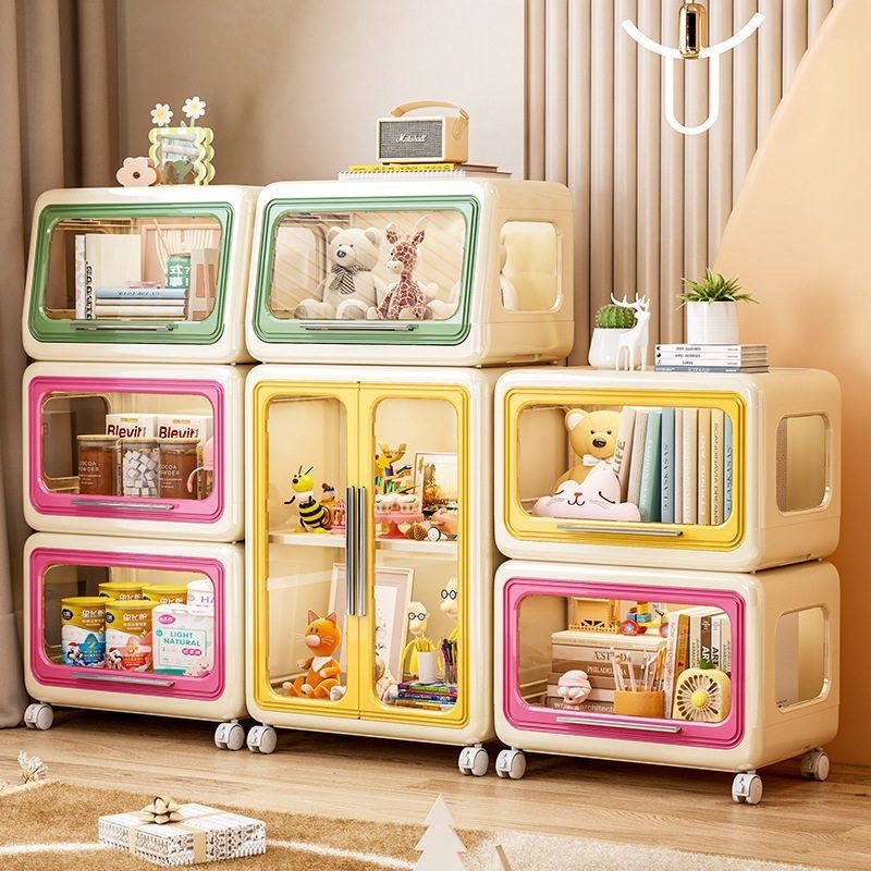 ตู้เก็บของเล่นเด็ก กล่องเก็บของเล่น ลายการ์ตูนน่ารัก DIY พับเก็บได้ พร้อมล้อ ตู้หนังสือ ตู้เก็บของเล่นและขนมสำหรับเด็ก