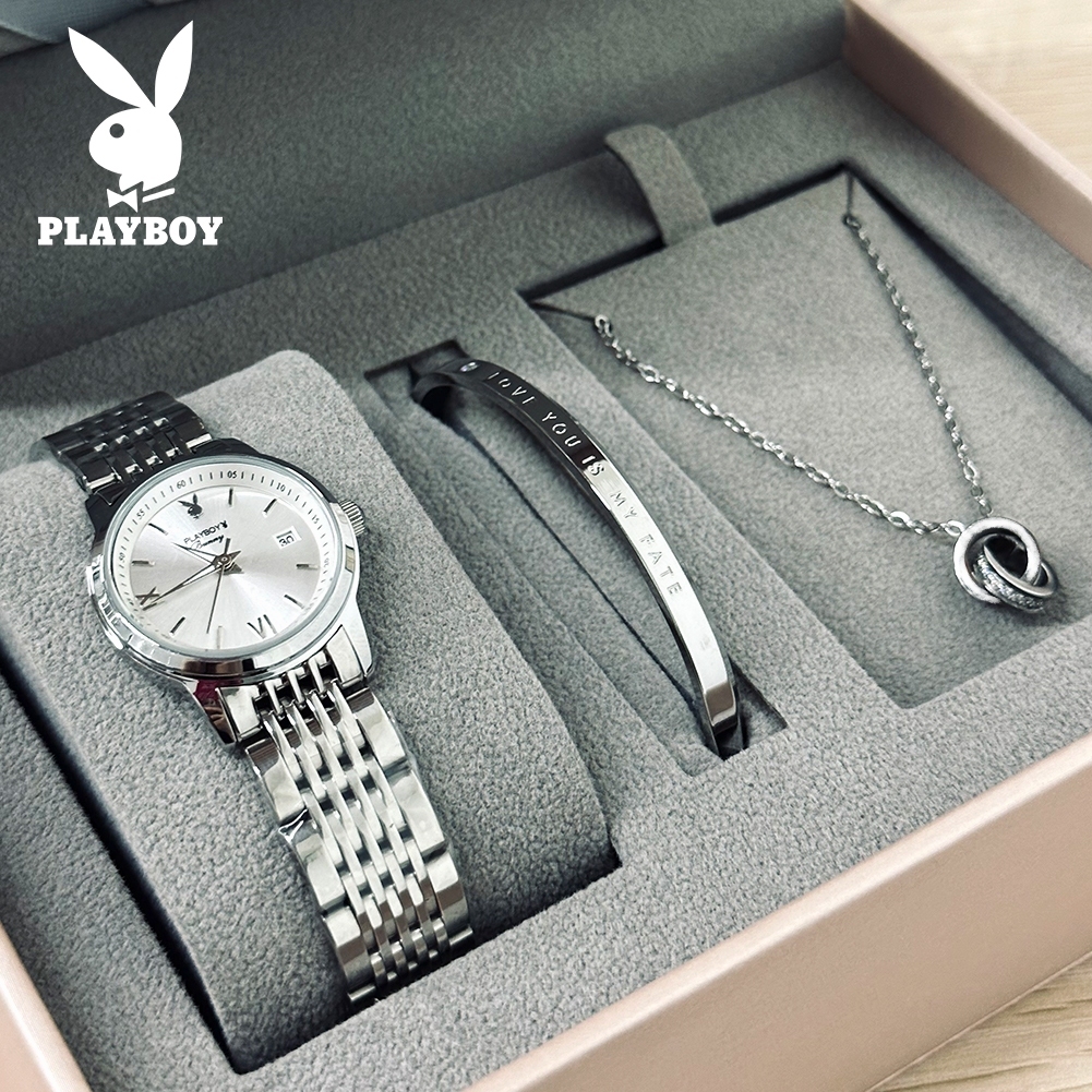 PLAYBOY ชุดนาฬิกาข้อมือ กันน้ำ 100%  สเตนเลส สร้อยคอ กำไล ของขวัญวันวาเลนไทน์ สำหรับผู้หญิง ของขวัญวันเกิด กล่องของขวัญ