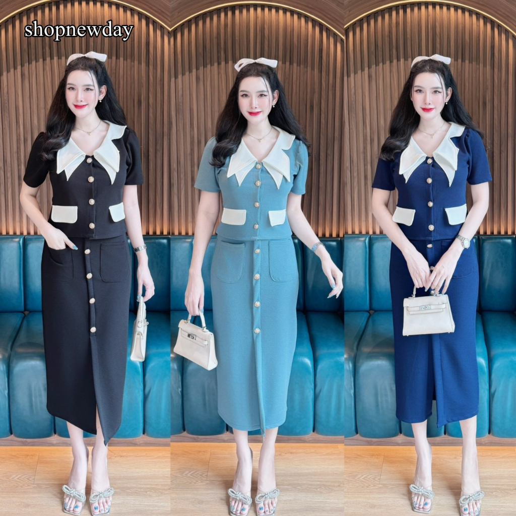 ชุดเซตกระโปรง เสื้อทรงครอปคอปกทรูโทนกระดุมหน้า + กระโปรงเอวเรียบสม้อคหลังกระเป๋าหน้า  A7000