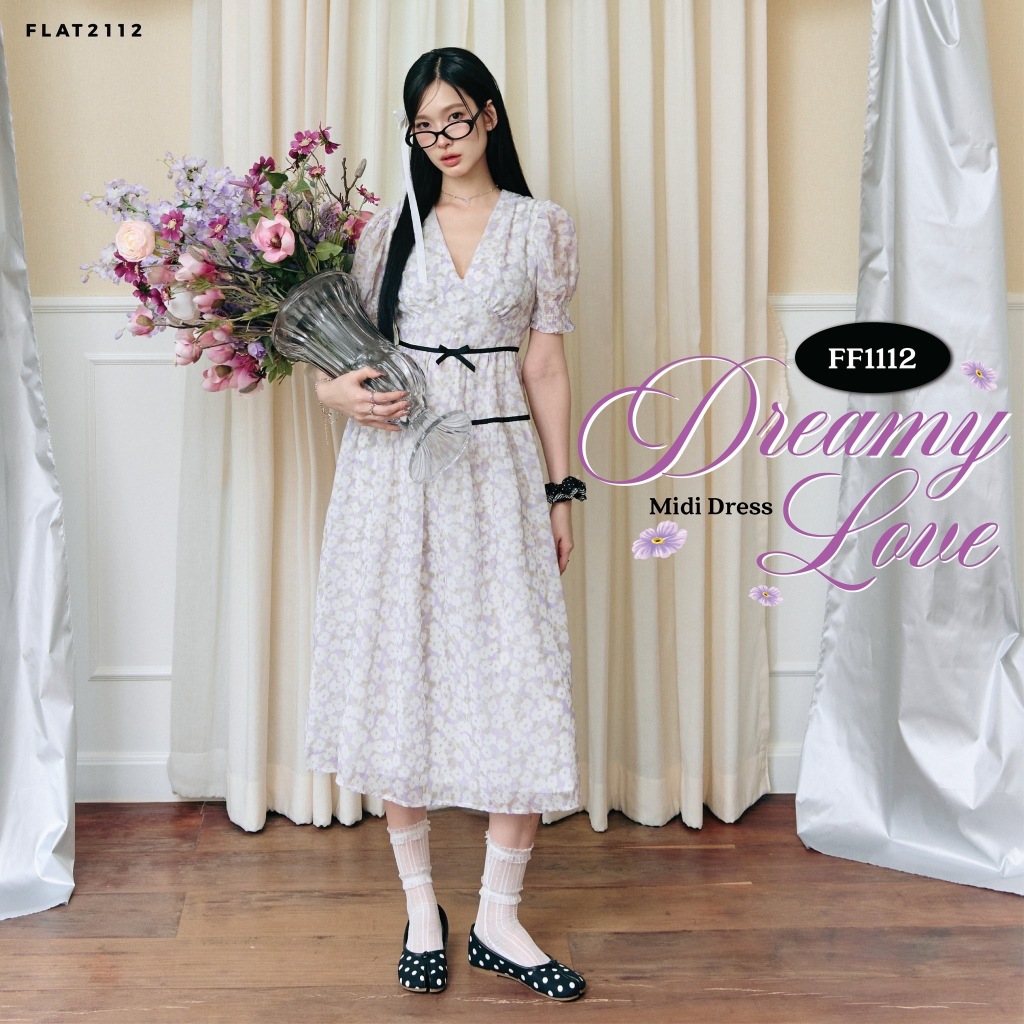 FLAT2112 : DREAMY LOVE MIDI DRESS เดรสยาวสุดปัง ผ้าพริ้วใส่ง่าย  ใส่สบาย คัตติ้งสวย เเมตซ์ง่าย (FF1112)
