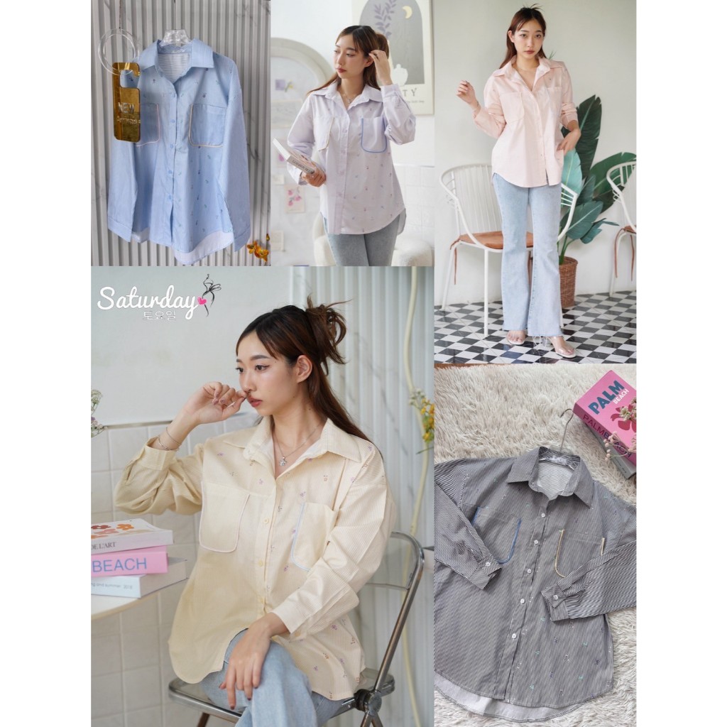 ป้าย Saturday เสื้อเชิ้ตผ้าริ้วลายดอกแต่งเส้นกุ้นกระเป๋า อก 43 นิ้ว ยาว 26 นิ้ว