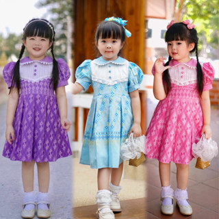 (รหัสKK)เดรสไทยเด็กผู้หญิงผ้าฝ้าย(รุ่นไม่มีซับใน) ย้อมสีพิมพ…