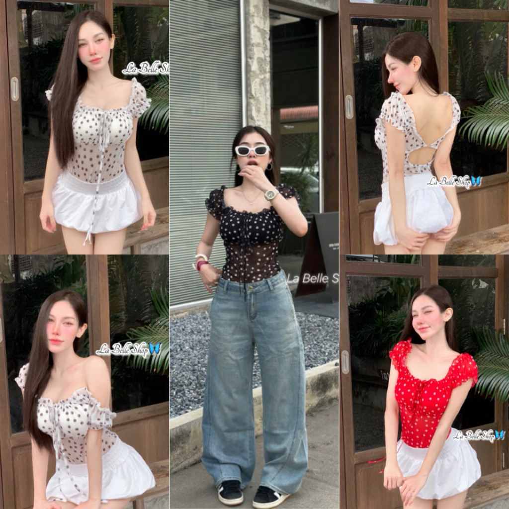 💕ShopBypuy💕บอดี้สูทแขนตุ๊กตาโชว์หลังผ้าซีทรูลายจุด