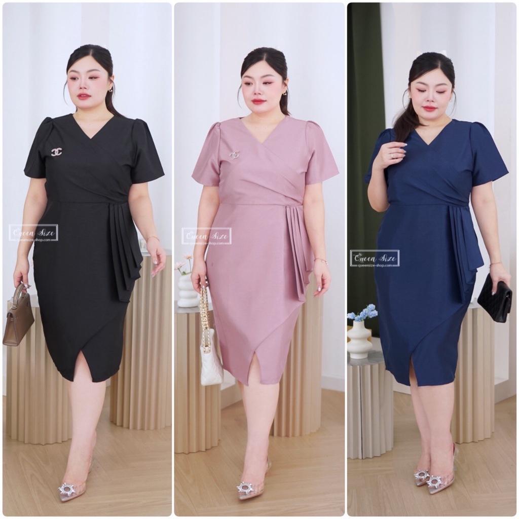 Thitima-เดรสไซส์ใหญ่ใส่ไปงานแต่ง ชุดทำงานคนอ้วน อก42 44 46 และ48นิ้ว ทรงเสื้อคอวีป้ายและกระโปรงป้าย – โปรปัง