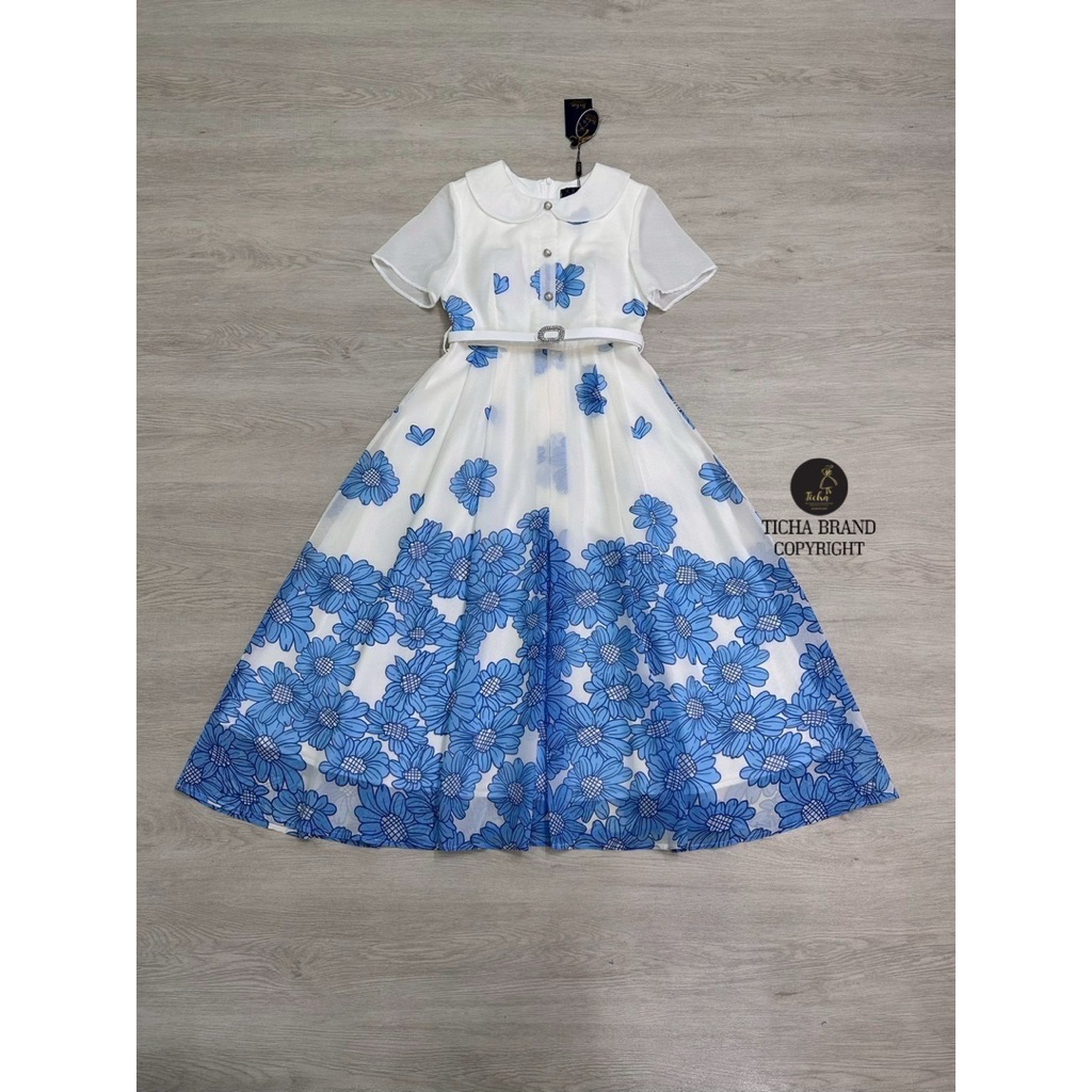 🎏 Ticha Brand ชุดเดรสลายดอกไม้สีฟ้าขาว พร้อมเข็มขัด