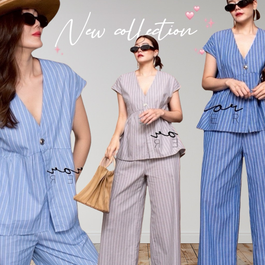 Mirrorsister 50828.4 • เซ็ตเสื้อ+กางเกงลายทางสุดชิค 	•	เสื้อคอวีลึก