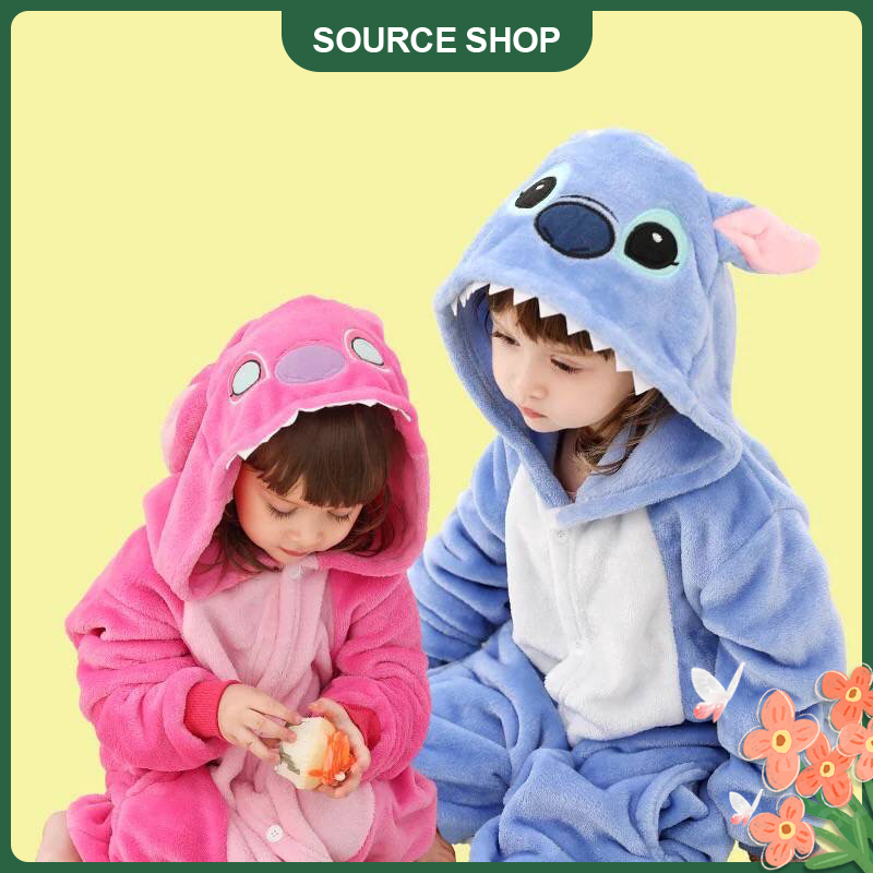 ชุดนอนผ้าสักหลาด สีชมพูและสีฟ้าStitch ชุดนอน การเล่นบทบาทการ์ตูน ของขวัญที่ต้องมีสำหรับวันฮาโลวีน