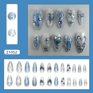 ใหม่เล็บปลอม แฟนตาซีสีฟ้าสเตอริโอเพชรมุกดาวถอดสวมเล็บ 24 ชิ้น พร้อมส่ง