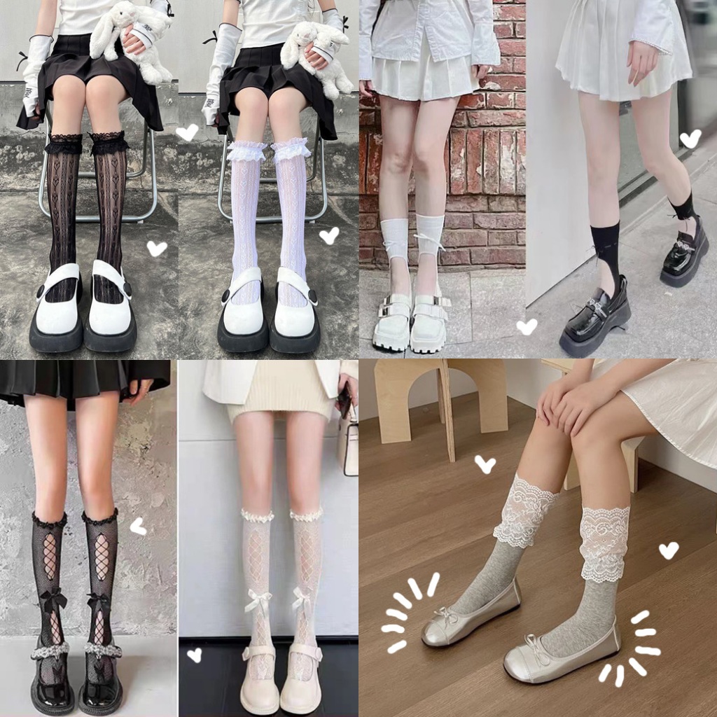 🌈 รวมถุงเท้ายาว ลายลูกไม้ ถุงเท้ายาวแฟชั่นสไตล์ญี่ปุ่น ยาวถึงข้อเข่า สีพื้นขาวดำ ใส่เที่ยว ทรงสวยเซ็กซี่🌈 SOCK