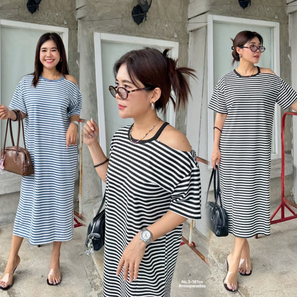 3-161CN mdเดรสยาวคอเว้าลายริ้ว📍 งาน New เดรสที่ฉ่ำมาก 📍 ผ้าใส่สบาย ดีเทลเริส ลายริ้วใส่แล้วผอม 🎨   เ