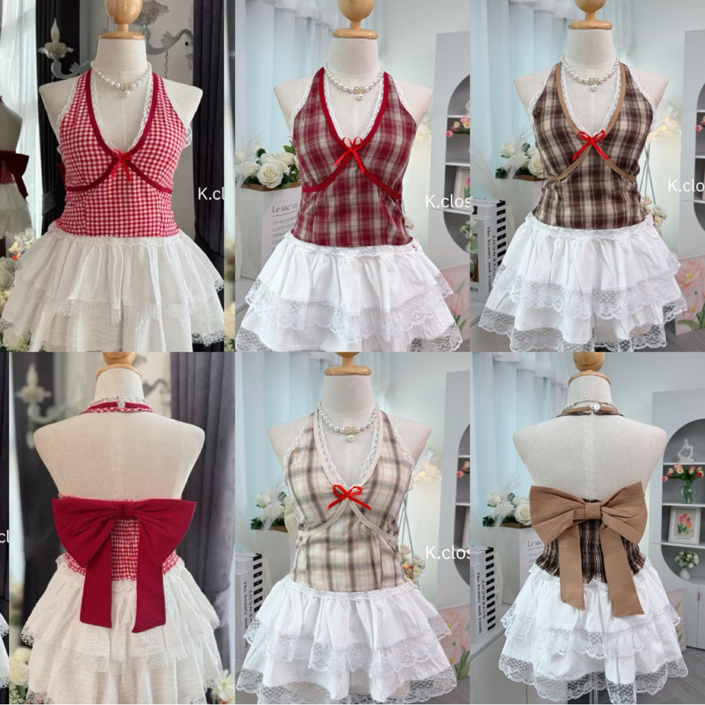 Polka Dot เสื้อคล้องคอลายจุด-ลายสก็อตแต่งโบว์ลูกไม้ดีเทลน่ารักมาก💗