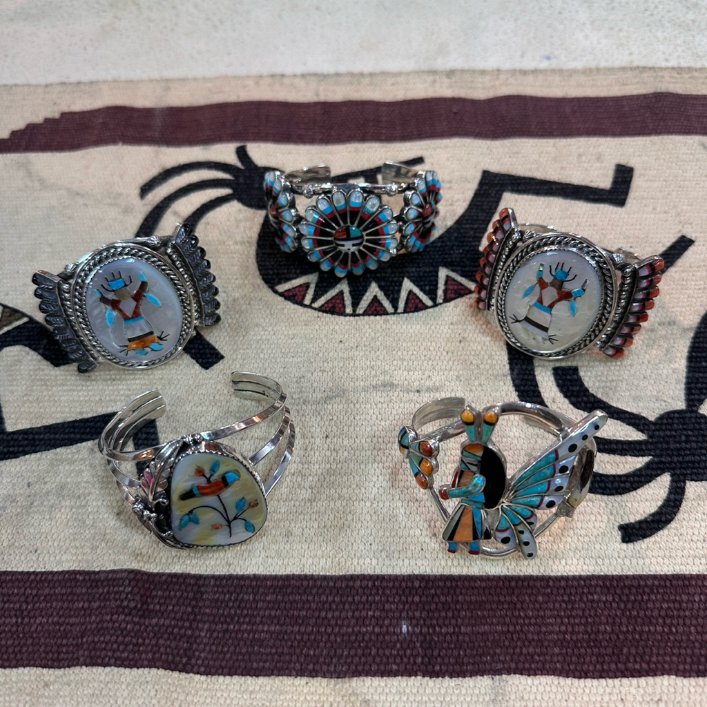 กำไลเงินแท้ 925 Zuni Inlay ฝังหินแท้ ลาย Kachina & Sunface