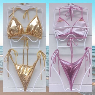 บิกินี่จีสตริงผ้าเมททัลลิคแบบผูกเอวด้านข้าง สีสดงานสวยแฟชั่นชุดว่ายน้ำ ฟรีไซส์ สินค้าพร้อมส่ง