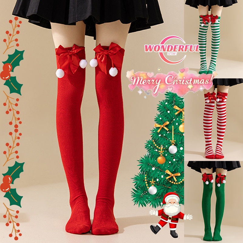 Wonderful Night🎁🎁สีแดง ถุงน่องคริสต์มาส ลายทาง เหนือเข่า โบว์ ถุงน่องหวาน ใส่สบาย ส่งไวจากไทย