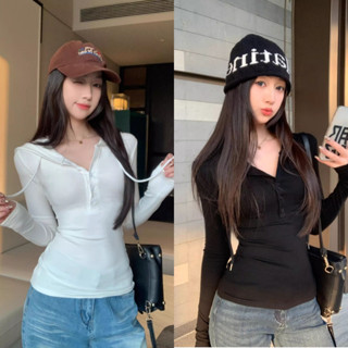 เสื้อยืดแขนยาว เสื้อยืดผู้หญิง ดูผอม แฟชั่น มีกระดุม ใส่ออกก…