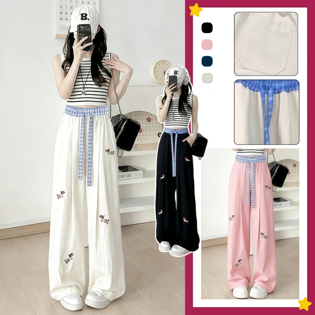 สีขาวน้ำแข็งผ้าไหมเนื้อสัมผัสขากว้างกางเกงผู้หญิงฤดูร้อนบาง 2025 ใหม่สีชนกันเอวสูงตรงทรงกระบอกหลวมกางเกงมีดโค้ง
