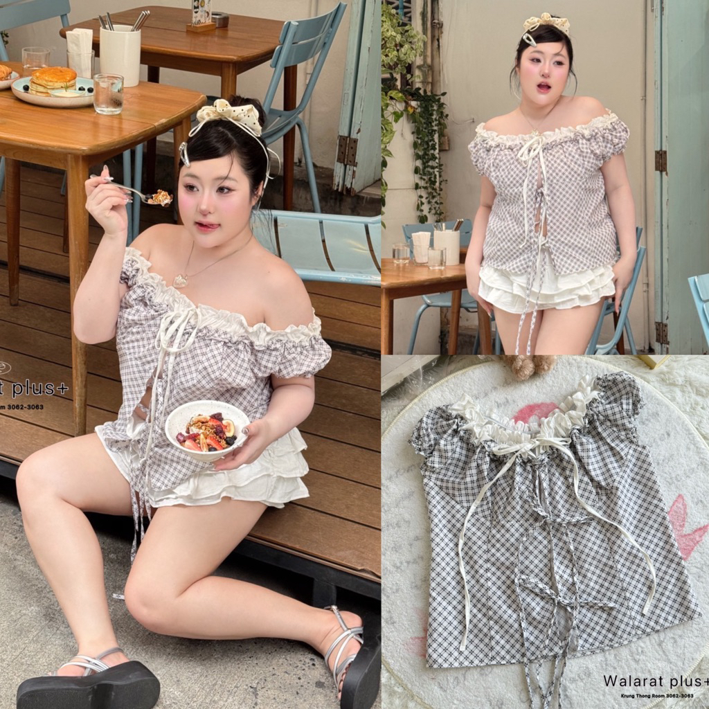 เสื้อปาดไหล่สาวอวบ แต่งขอบหยักช่วงอก ผ้าลายตารางสุดน่ารัก ดีเทลผูกหน้า น่ารักปนเซ็กซี่สุดๆ