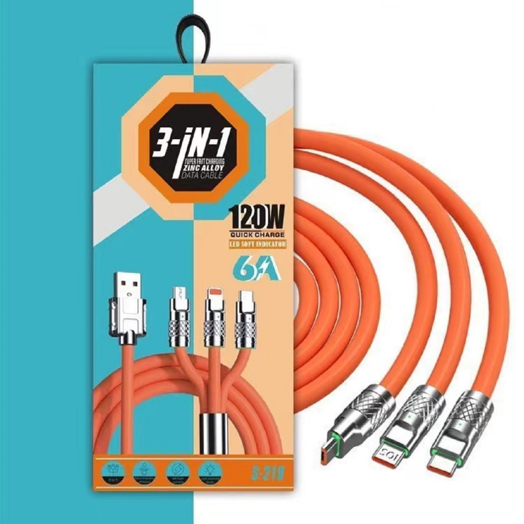 ที่ชาร์จโทรศัพท์ 120W สายชาร์จอเนกประสงค์ 3 in 1 สำหรับ iPhone Android