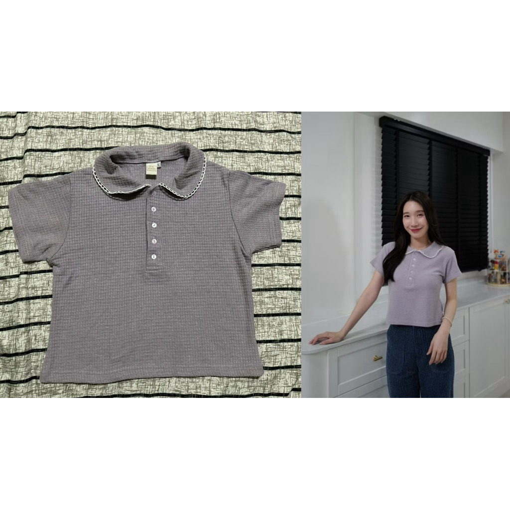 ส่งต่องานมือ1 เสื้อคอปกบัวล้อมลูกไม้ ลายผ้าช่องๆ จากร้านฝาแฝด(ranfafaet.kloset)