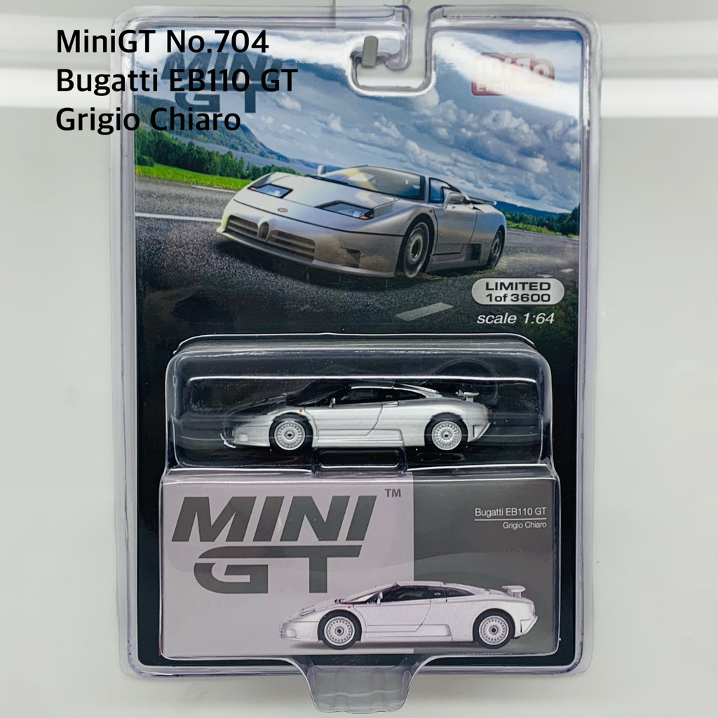 Mini GT No.704-MJ  Bugatti EB110 GT Grigio Chiaro Blister Packaging