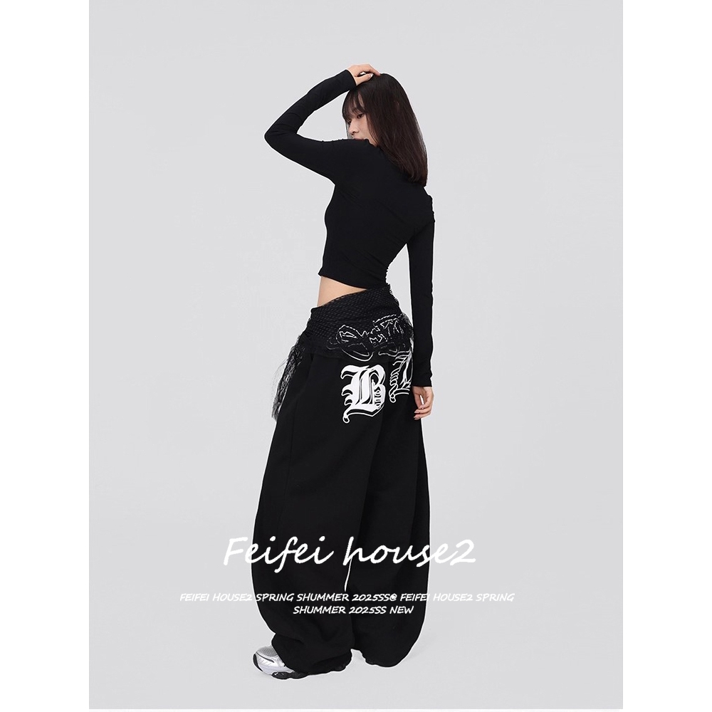 [Summer Hip Hop Print Wide-Leg Pants]กางเกงเต้นแจ๊สขากว้างเอวสูงพิมพ์ลายฮิปฮอปสำหรับผู้หญิง