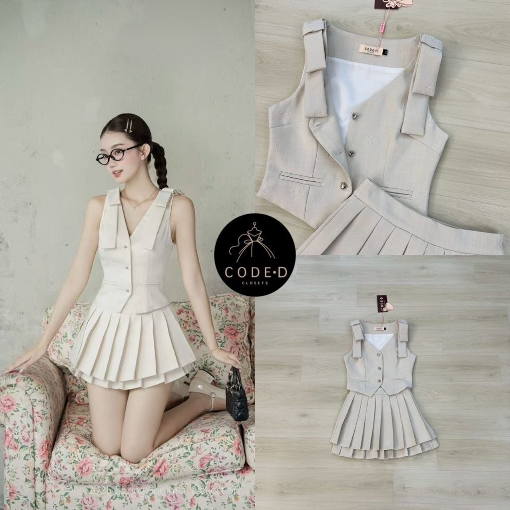 CODE-D | เซต2ชิ้น เสื้อแขนกุดสีครีม กระดุมหน้าหัวใจสีเงิน แมทซ์กับกระโปรงสั้นสีเดียวกัน | XS S M L