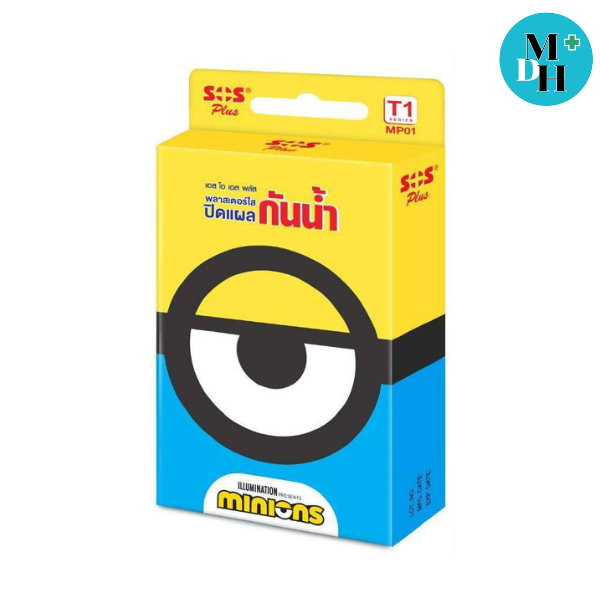 SOS MINIONS พลาสเตอร์ใส ปิดแผลกันน้ำ SOS Plus รุ่น T1 จำนวน 1 กล่อง 6แผ่น 22381