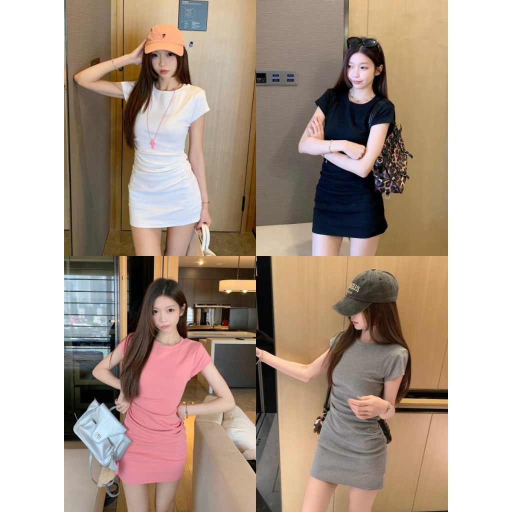 ชุดกระโปรงสั้น ชุดเดรสลำลอง ยืดได้ งานเกาหลี ทรงเเคบ ตอกลม #333103