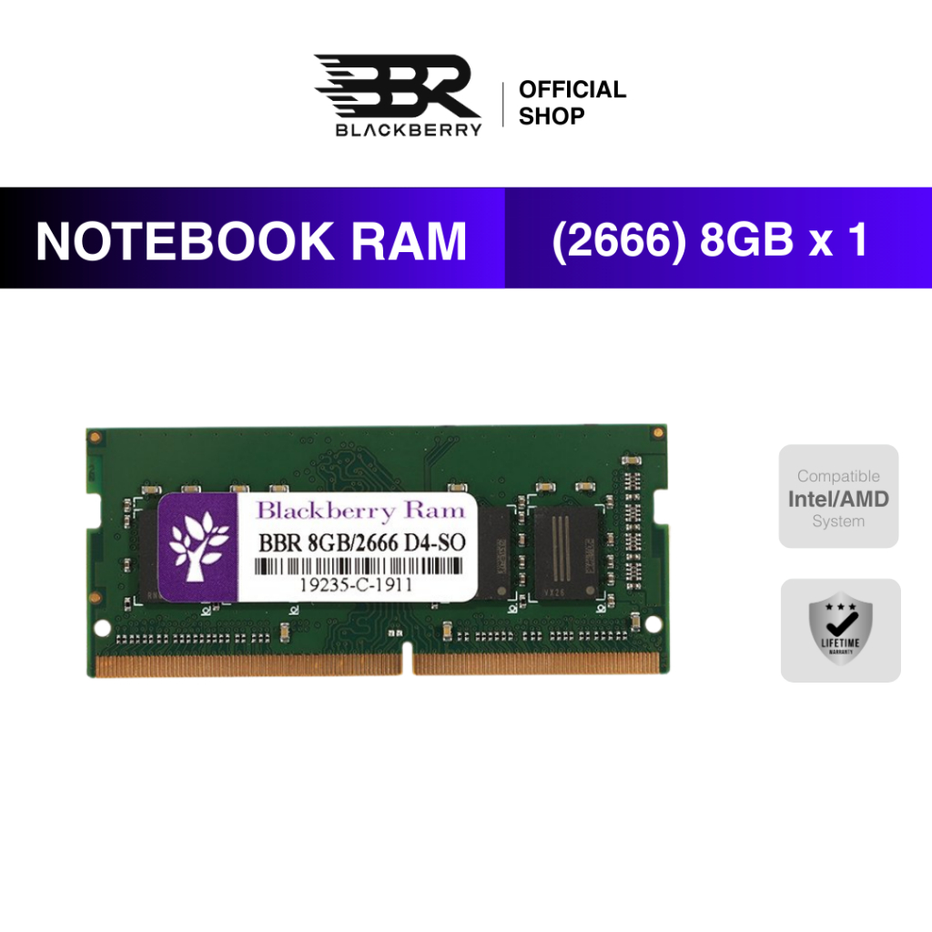 RAM Notebook DDR4 8GB 2666MHz Blackberry (BBR) 8 Chips รองรับโน๊ตบุ๊ค intel / AMD ประกัน Lifetime