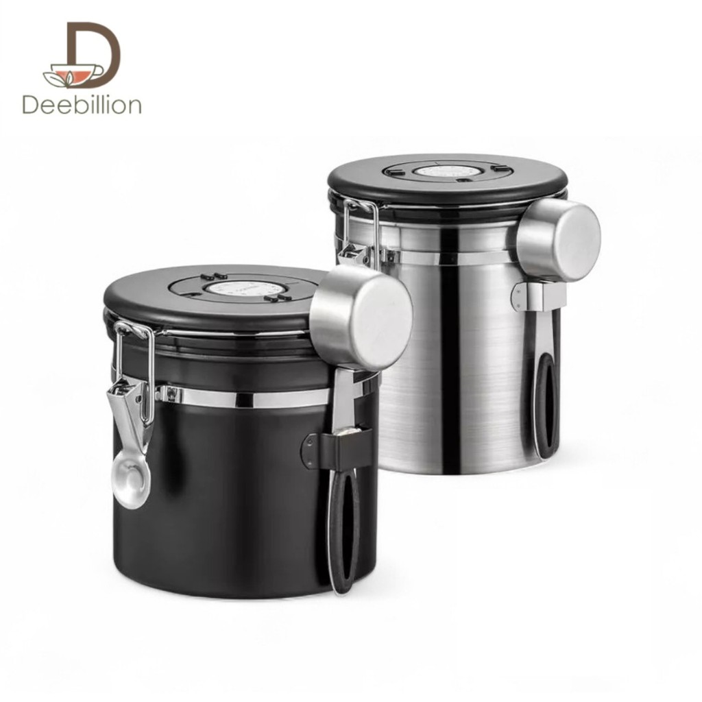 กระป๋องเก็บเมล็ดกาแฟ กระปุกสแตนเลส Coffee storage container กระปุกเก็บกาแฟ มีช้อนตวง ตั้งวันที่บนฝาได้ Deebillion