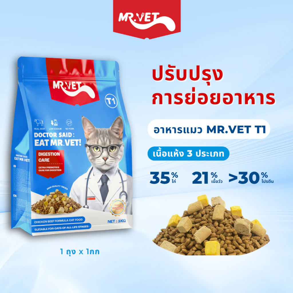 cocopet_shop🌈  Mr.Vet อาหารแมวเกรด Holistic 1kg. เหมาะกับแมวทุกช่วงวัย ผสมฟรีซดราย 3 ชนิด โซเดียมต่ำ