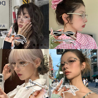 💗พร้อมส่งจากไทย💗แว่นแต่งเพรชแว่นตาชั่นวงรีสไตล์วินเทจY2k แว่…