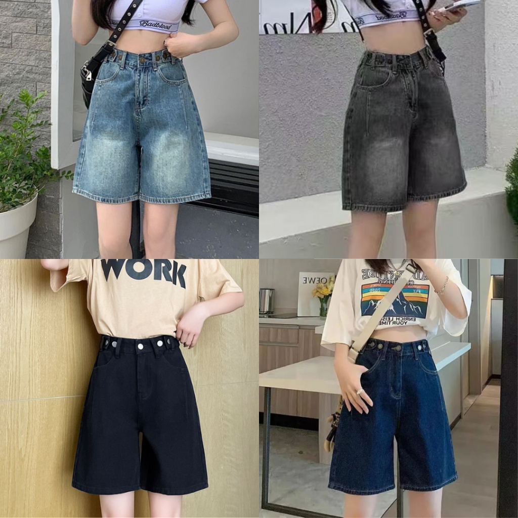 กางเกงยีนส์ขากระบอก สามส่วน SIZE S-14XL เอวสม็อคปรับกระดุม